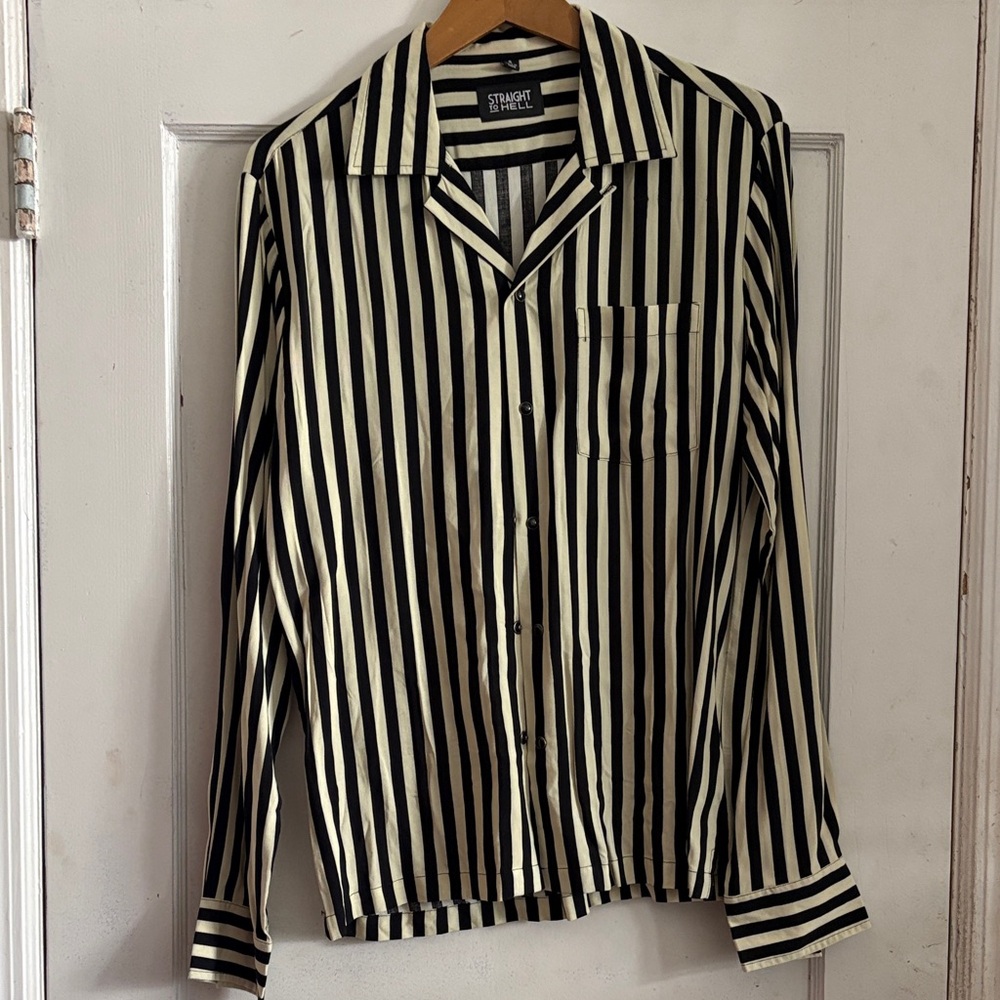 Straight To Hell Striped Button Up Shirt Men’s Small Black Cream Rockabilly Punk